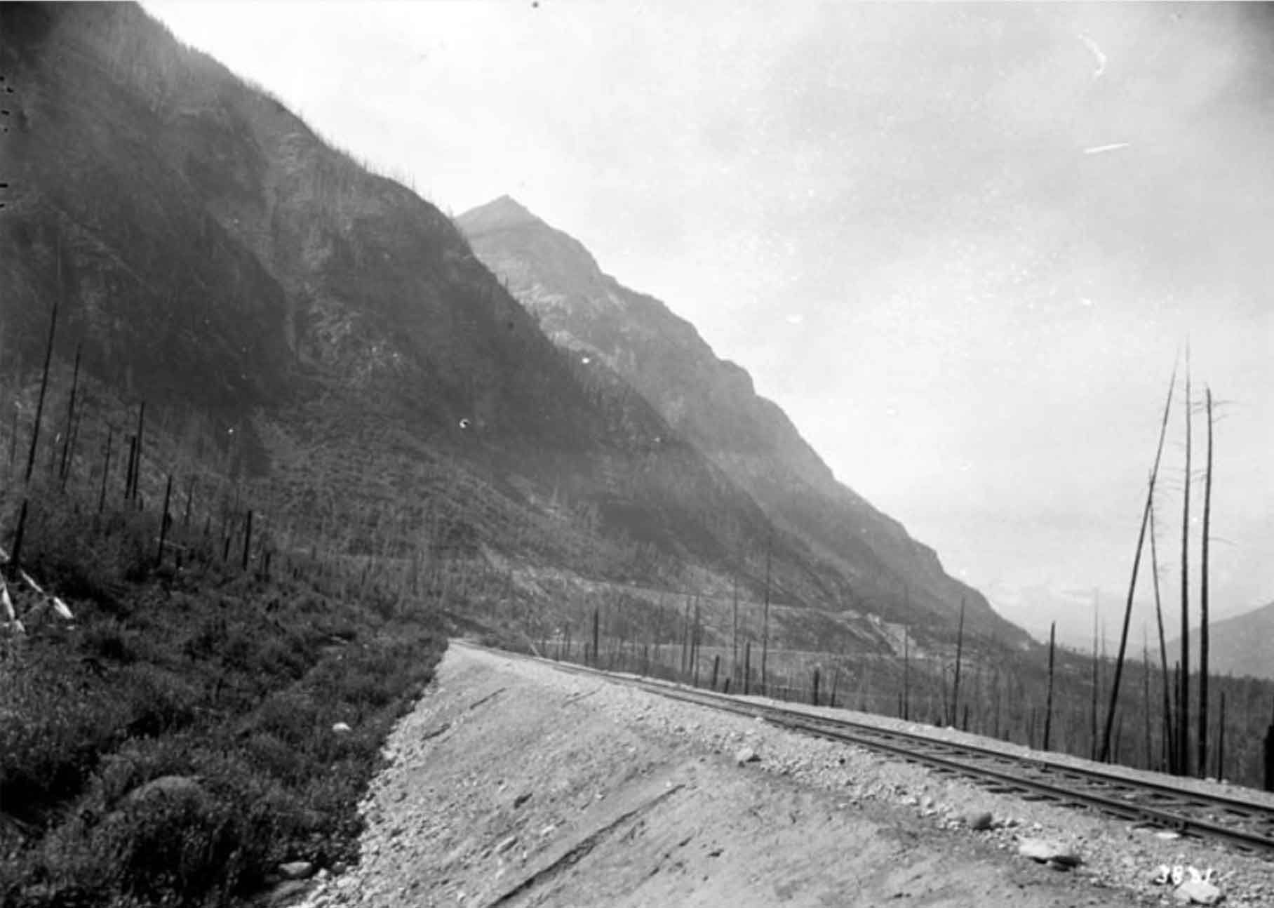 Grand Trunk Pacific track near Mount Robson. Canadian National track above. Photo: William James Topley, 1914