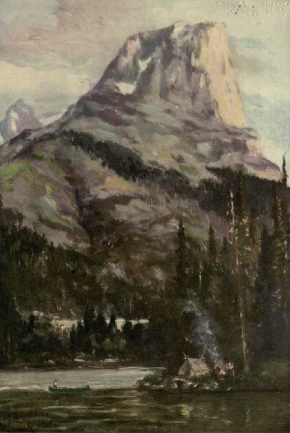 The purple crags of Roche Miette. From a painting by George Horne Russell. In Burpee, 1914, p. 200